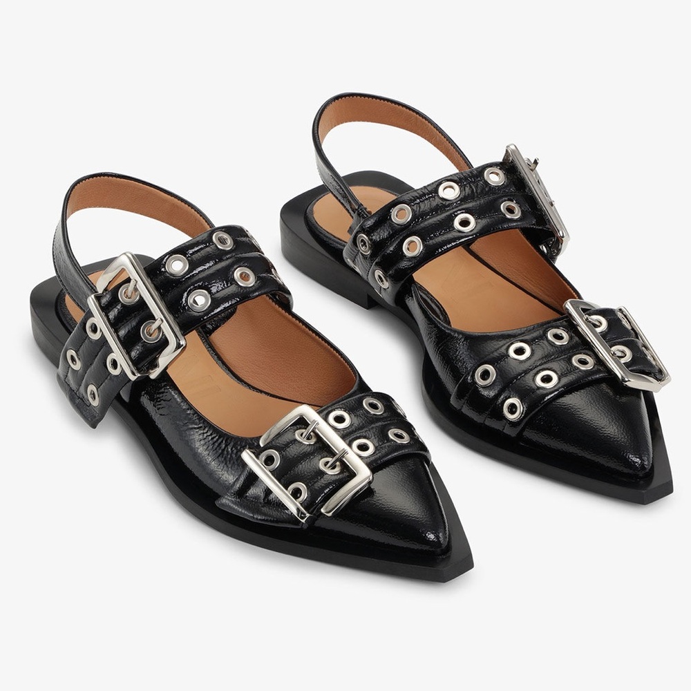 Ganni Black Buckle Slingback Ballet Flats - Faux Patent Leather